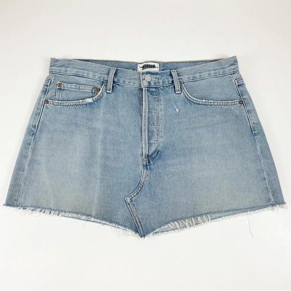 AGOLDE Parker Angled Denim Jean Skirt Womens 30 Blue Distressed Frayed Edge - Picture 1 of 13